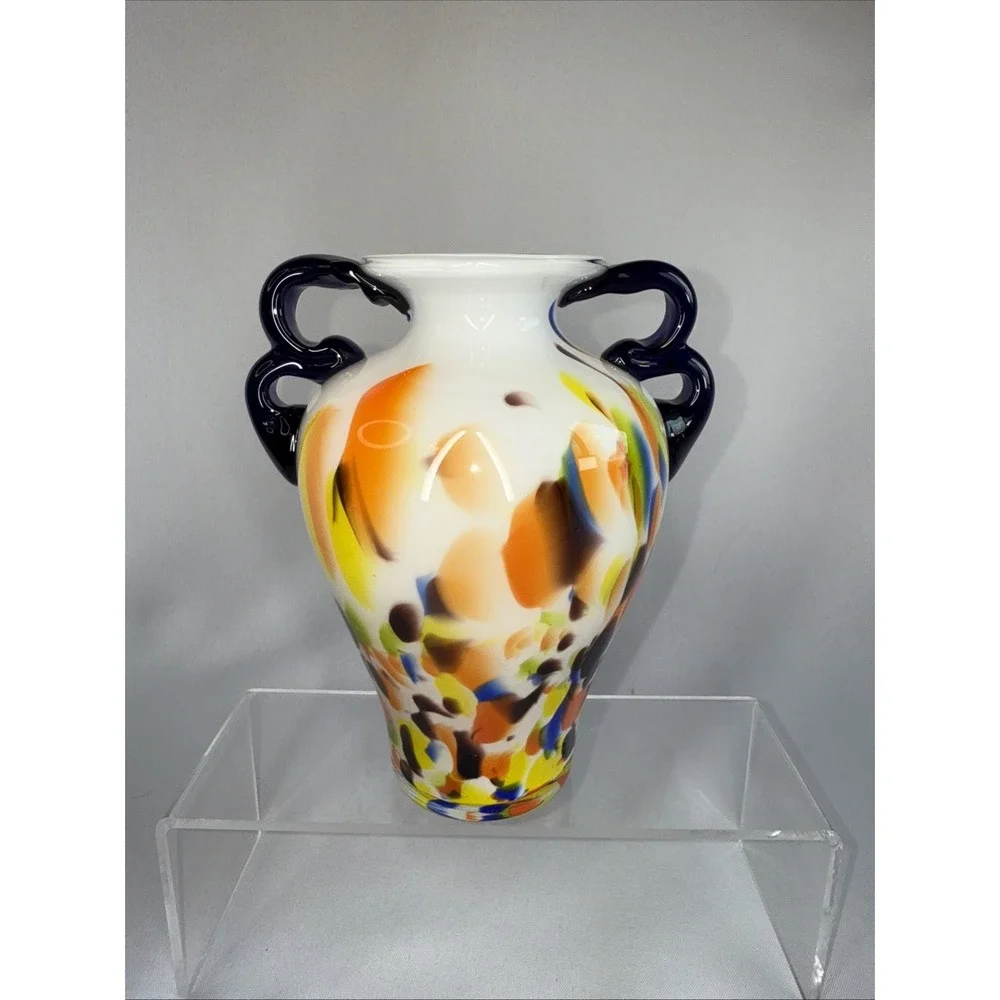 Colorful Glass Vase Speckled Splatter Paint on White Double Cobalt‎ Handle 7